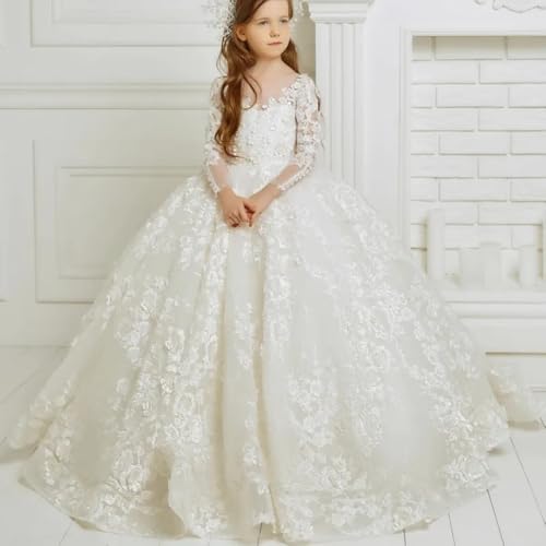 Fashion Lace Flower Girl Dress for Party Long-Sleeved Floral Ball Gown Floor-Length Princess Birthday for Girls2