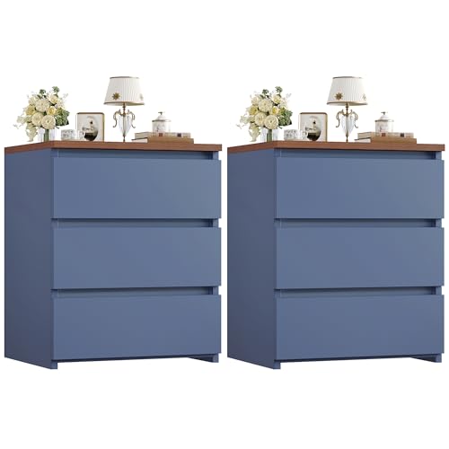 Image of FOTOSOK Nightstand Set of 2 White Nightstand with 3 Drawers, White Bedside Table Night Stand for Bedroom with Cut-Out Handle, Sofa Side Table for Bedroom, Blue