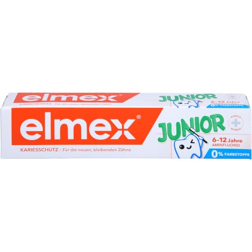 elmex Zahnpasta Junior 6-12 Jahre 75ml – medizinische Zahnreinigung mit 1400 ppm Fluoridgehalt für hochwirksamen Kariesschutz – stärkt die neuen, bleibenden Zähne