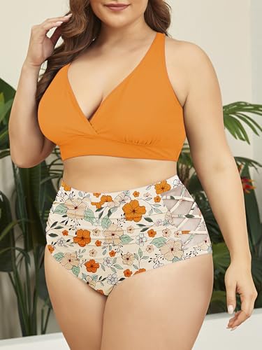 Womens High Waisted Bikini Plus Size Swimsuit 2 Piece Tummy Control Bathing Suits Plus Size Swim Suit Orange Floral 14 Plus