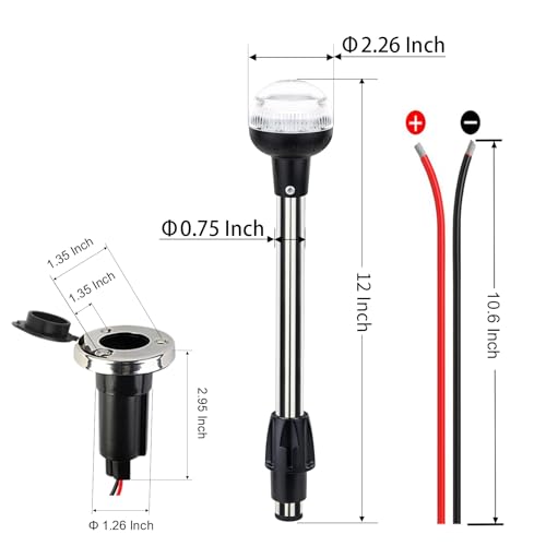 Image of Anchor Light Boat Stern Light LED Marine Navigation Lights USCG 2 NM All Round White Stainless Steel 2 Pin Detachable Plug in 12 Volts (Flush Mount Base, 12 Inches)