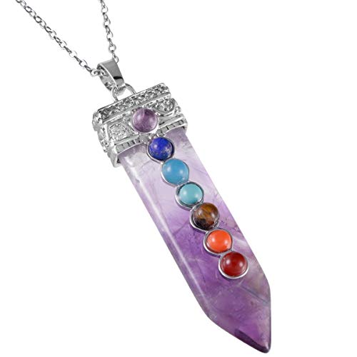 Nupuyai 7 Chakra Stone Necklace for Women and Men, Healing Crystal Point Amethyst Pendant with Chain 19.6