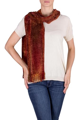 NOVICA Artisan Handwoven Rayon Scarf in Orange Red from Guatemala