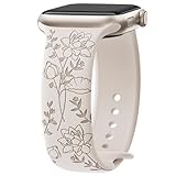 Yoohoo Floral Engraved Strap for Apple Watch Straps 38mm 40mm 41mm 42mm 44mm 45mm 46mm 49mm,Cute Flower and Soft Silicone Sport Band for iWatch Series 11 10 9 8 7 6 5 4 3 2 1 SE Ultra,Women,Starlight