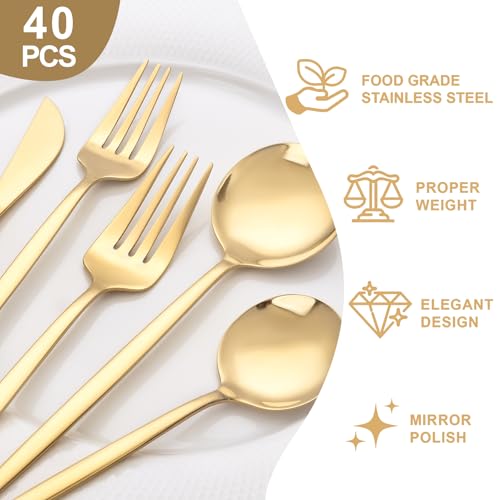 NOCCUR 40-Piece Gold Silverware Set for 8 - Stainless Steel Gold Flatware Set Include Knives, Spoons and Forks for Home/Party/Thanksgiving — view 3