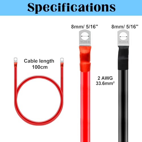 GothicBride Batteriekabel 35mm² 100cm Batterie Kabel 35mm² mit M8 Ringklemmen Batteriekabel 12V für Autos Motorräder Solar Wohnmobil