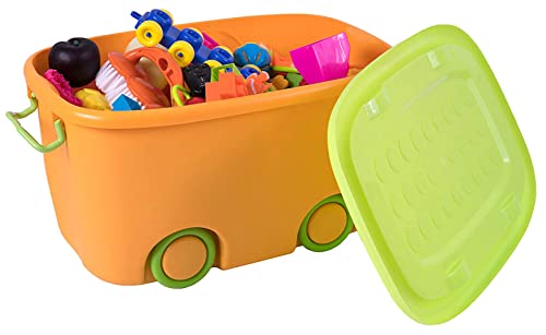 Image of Actual Big Size Plastic Stackable Organizer Storage Box With Wheels And Lid For Kids Toys Clothes Books Set of 2 Mix Color 47 X 33 X 25 Cm, Rectangular