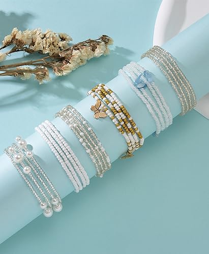 Tornito 8Pcs 31.5 Inches African Waist Bead Chain Elastic Belly Beads Butterfly Shell Layered Body Chain Colorful Jewelry Accessories for Women2