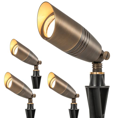 Image of LUTEC Solid Brass Low Voltage Landscape Lighting, 12V Heavy Duty Waterproof Landscape Spotlights Bronze, Wired Uplights Outdoor Fixtureswith ABS Spike, Garden Yard Pathway Tree Without Bulb, 4 Pack