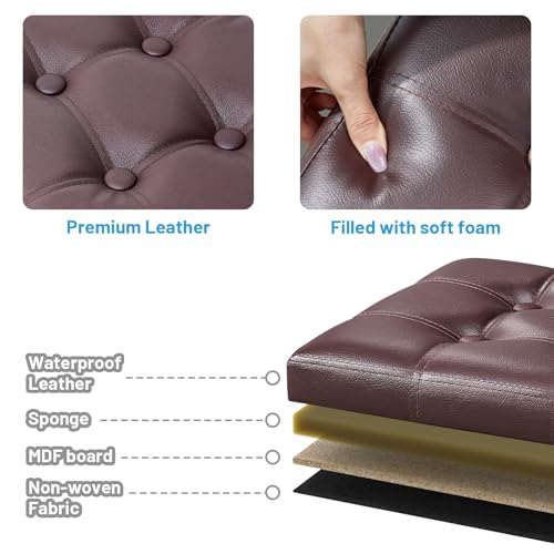 Image of Bsketa Storage Ottoman Bench,17 Inch Folding Leather Foot Rest Stool, Brown | Small Ottoman with Side Pockets, Thicker Foam Padded Seat, Livingroom, Dorm, Bedroom, Easy to install, 43L,17x13x13in