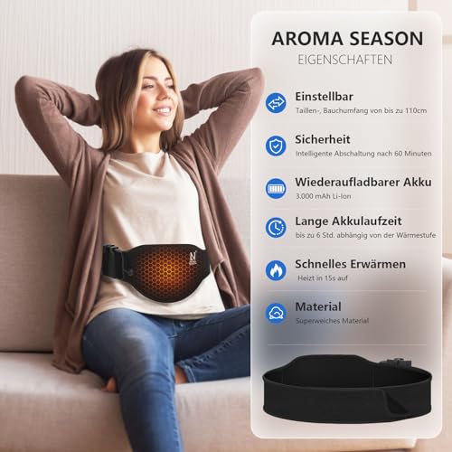AROMA SEASON Wärmegürtel | Unauffälligiger Begleiter To Go mit 6h Akku für Bauch/Rücken/Lenden | Heizgürtel Ferninfrarot (FIR) | Elektrisches Heizkissen mit Abschaltautomatik