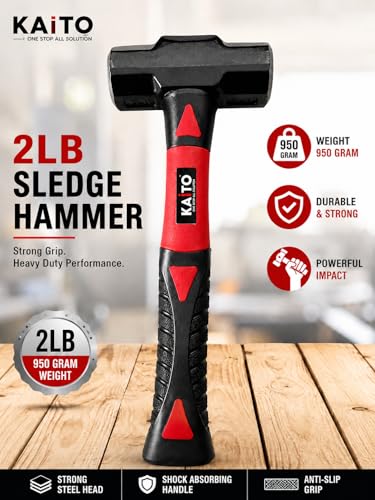 Image of KAITO Sledge Hammer with Fiber Handle | Heavy Duty Forged Steel Head | Anti-Slip Shockproof Grip | Professional Hammer for Construction, Demolition & Carpentry Work (1, 2 LB) 950 Grm | Red & Black
