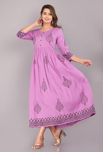 Image of Women's Rayon Anarkali Hand Block Printed Kurti (Large, Light Purple)
