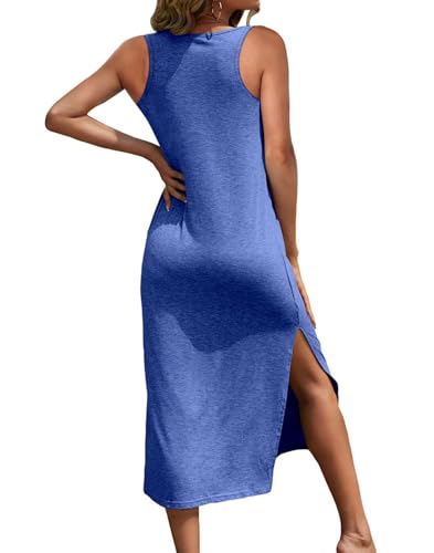 Image of Dyexces Women Summer T Shirt Dress Casual Short Sleeve V Neck Maxi Dresses Loose Side Slit Long Tshirt Dress with Pockets