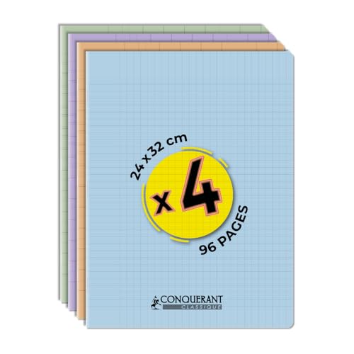 CONQUERANT Lot de 4 Cahiers Classique Pastel 24x32 96 Pages 90g Grands Carreaux Seyès Agrafées Couverture Polypro Couleurs Assorties
