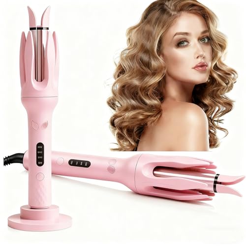 Automatic Curler,1-Inch Auto-Rotating Curling Iron with LCD Screen,Anti-Scald,Tangle-Free,Auto Shut-Off, 4 Temps & 15s Timer for All Hair Lengths (Pink)