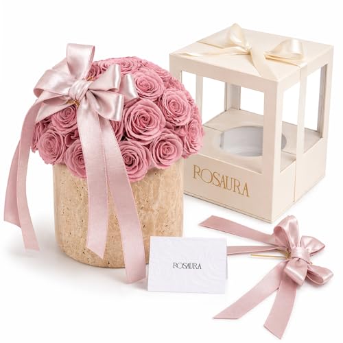 30 Preserved Roses in Travertine Vase