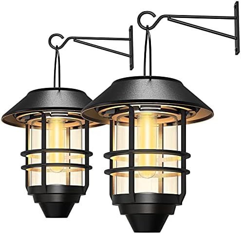 2 Pack Security Solar Hanging Lanterns Outdoor, Solar Wall Lights Outdoor, Solar Porch Lights Outdoor Lanterns 15 Lumen Heavy Glass & Stainless Solar Powered Porch Lights