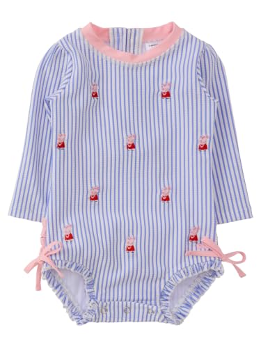 Image of RuffleButts Baby Girls Seersucker Rash Guard - One Piece Swimsuit UPF 50+ | Premium Quality, 4-way Stretch, Snap + Zipper Closure, Long Sleeves, Hand Wash, UPF 50+ Sun Protection