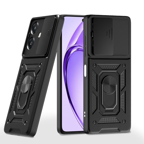 Image of Pikkme D10 Tough Armor Bumper Case | 360 Protection Case | Sliding Camera Shield Cover & Ring Holder Stand Back Cover for Oppo A3x 5G / A3x 4G / A3 5G (Black)