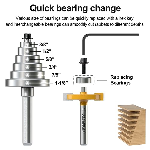 Image of Rabbet Router Bit Set 1 /4 Shank, Rabbeting Router Bits 1pcs with 6 Bearings for Interchangeable and Adjustable Multi Depths Cutter 1 /8 inch, 1 /4 inch, 5 /16 inch, 3 /8 inch, 7 /16 inch, 1 /2 inch
