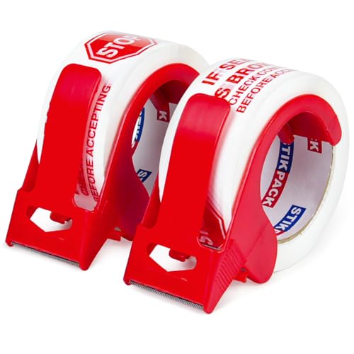 STIKPACK 2 Pack Stop Sign Sealing Tape Pre-Printed IF Seal is Broken Check Contents Before Accepting Heavy Duty Packing Tape with Dispenser 2 Inch x 110 Yards, Total 220Y for Moving and Shipping