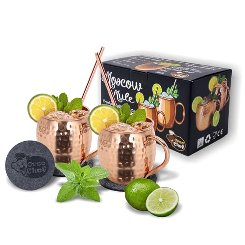 Orso Chef Set Completo Di 2 Bicchieri Cocktail Moscow Mule Rame, Accompagnati Da Cannucce, Sottobicchieri Acquistando In Omaggio Esclusivo E-book Con Ricette E Suggerimenti Per Cocktail