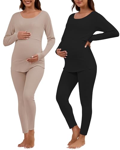 Image of Patelai 2 Pack Thermal Nursing Underwear for Women Maternity Pajama Set Breastfeeding Sleepwear Fleece Lined Pregnancy Set