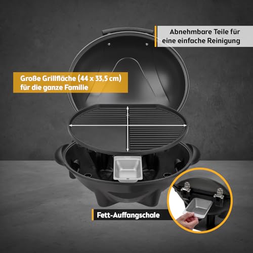 TZS First Austria - Elektrogrill 2 in 1 Tischgrill & Standgrill 2400W - Elektrischer & klappbarer Grill für Balkon & Terrasse mit Deckel & Rollwagen - Elektro-Kugelgrill mit Thermometer & Tropfschale 5