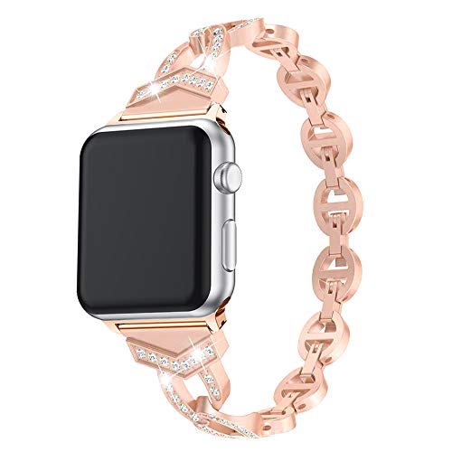 Bling Straps Compatible with Apple Watch 44mm 42mm Band Women Dressy, Stainless Steel Metal Replacement Wristband Diamond Rhinestone Bracelet Compatible with iWatch SE Series 1/2/3/4/5/6, Rose Gold