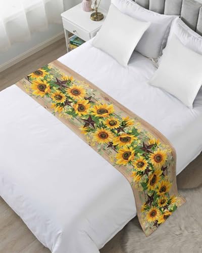 Brown Sunflower Bed Runner Scarf for Twin Size Bed Foot,Decorative Bedding Accessory Stainproof & Dustproof Soft Protector For Bedroom Wedding Room Rustic Country Star Spring Summer Wooden 71