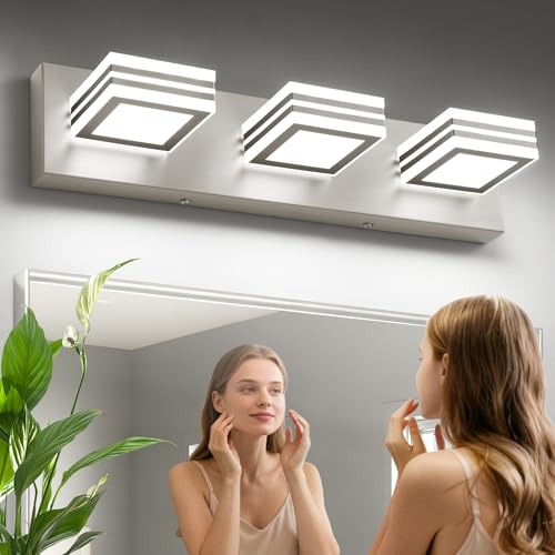 Image of SOLFART LED Bathroom Vanity Light Fixtures: 3 Light Brushed Nickel Modern Acrylic Bathroom Wall Lighting Fixtures Over Mirror 20in