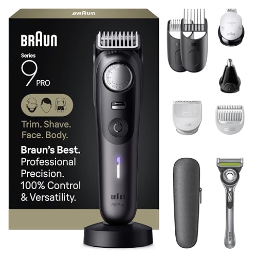 Braun All-in-One Series 9 PRO Beard and Body Trimmer, AIO 9555 for Men with Gillette Labs Razor, Cordless Grooming System with Precision Length Control, Rechargeable Electric Facial Hair Tool