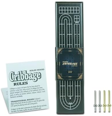 Tradeopia Wooden Cribbage Board Game - 2 Track with Built-in Storage and Metal Crib Pegs, Wooden Crib Game Set, Travel Games