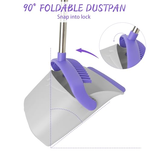Image of Broom and Dustpan Set with 51 inch Adjustable Long Handle-Gray Purple | Long Handle and Standing Dust Pan with Comb Teeth, Efficient Floor Cleaning for Kitchen, Outdoor, Dorm, Apartment, Office