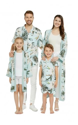 Image of Wispy Cereus Light Blue Family Matching Hawaiian Clothes | Family Matching Outfits • Soft Rayon Fabric • Tropical Floral Print • Vacation Ready • Luau Party Wear