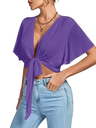 Image of LYANER Women's Sexy Deep V Neck Tie Front Wrap Cropped Blouse Bell Short Sleeve Ruffle Crop Tops