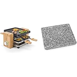 Sartenes Princess Princess 162900 Raclette Pure para 4 personas con carcasa de bambú natural y 4 sartenes, 700 W + Parrilla de piedra natural