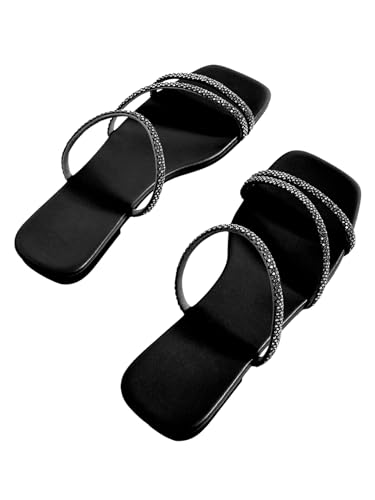 Image of GORGLITTER Women's Rhinestone Wedding Flat Sandals Sparkly Strappy Glitter Dressy Slip on Bling Bridal Prom Cute Slide Shoes