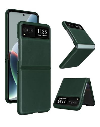 Cresee Case for Motorola Razr 2023 - Genuine Leather + Hard Polycarbonate Bumper Phone Case for Moto Razr 2023 - Green