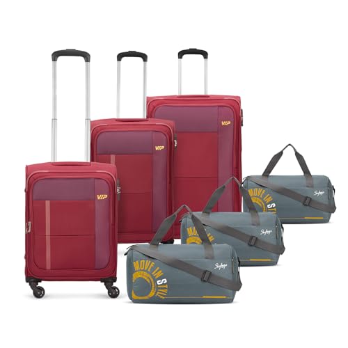 Image of VIP Totonto - S03 Set of 3 (Cabin+Medium+Large) Trolley Bag, Cm | Combination Lock | 2 Wheels | 7 Year International Warranty | Red & Three Grey Duffle Bags