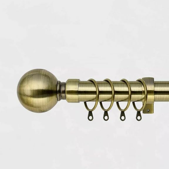 Extendable 25-28mm Metal Curtain Pole Set With Plain Ball Finials Rings Brackets (Antique Brass, 180-340cm)