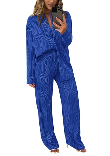 PRETTYGARDEN Women's 2 Piece Sets 2025 Fall Casual Textured Button Down Shirt Wide Leg Pants Outfits Loungewear Tracksuit