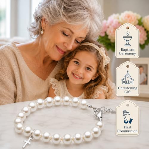 Image of Communion Bracelets | Baptism Jewelry | White Pearl Bracelet | Cross Charm