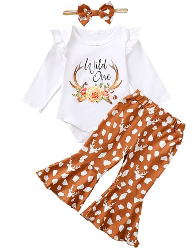 Baby Girl 1st Birthday Flare Pant Outfit - One Year Old Wild One Deer Bodysuit