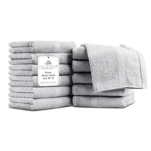 Image of Villa Celestia Cotton Washcloths Set of 12, 12x12 Inch, 100% Ring-Spun Combed Cotton, Soft Absorbent Quick-Dry Wash Cloths for Face and Body, Oeko-TEX Certified, Hotel & Spa Quality, Silver Grey