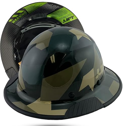 Lift Safety Carbon Fiber Full Brim Jungle Camo Hard Hat Lightweight with 6 Point Ratchet Suspension Padded Harness Lift Safety Hard Hat Protective Edging & Tote ANSI Z89.1 Class C Type 1