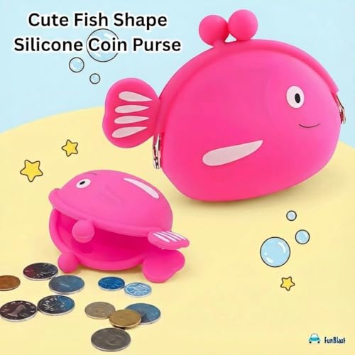 Image of FunBlast Cute Fish Shape Silicone Coin Purse for Kids & Adults - Mini Pouch for Coins, Earphones, Keys & Small Essentials, Aesthetic Pouches for Girls & Women - 12 X 9.5 X 3 Cm (Pink)