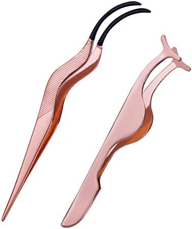 Favide 2Pieces False Eyelashes Applicator Tool New Design Eyelash Extension Tweezers Remover Clip Nipper, Rose Golden
