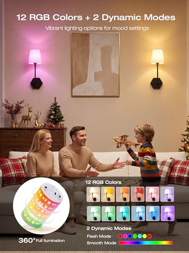 Image of CLOUDY BAY 10000mAh Battery Operated Wall Sconces,Up to 100 Hours with Rechargeable RGB Dimmable Magnetic Bulb,Cordless Wall Lighting Fixtures with Remote for Bedroom,Black,2 Pack-17.9in